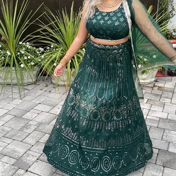 Beautiful Green, Gold Sequin Lehenga - Picture 2 of 5